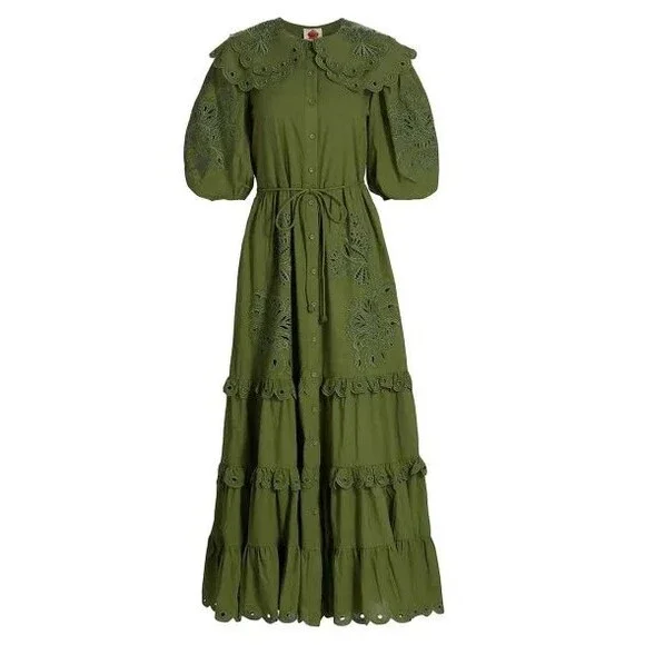 FARM RIO Humming Bird Richelieu Tiered Maxi Dress Size M NWT Green Forest Fairy - Picture 4 of 14